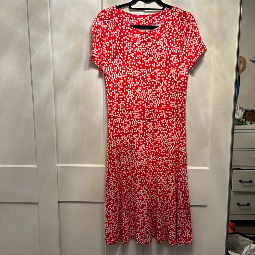 Boden short sleeve jersey a-line dress red with white dots size 14R
